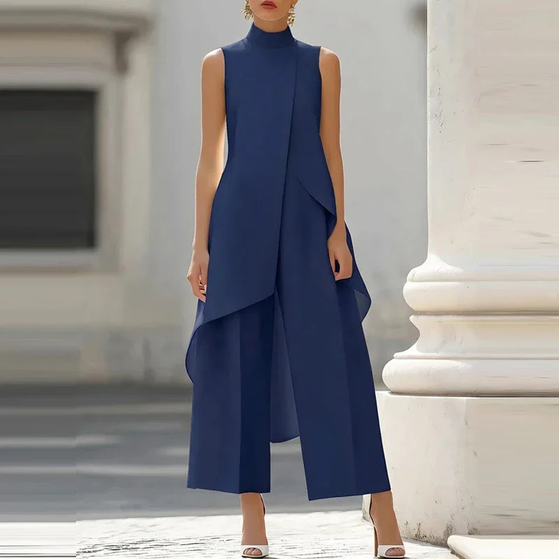 Women Chic Irregular Top+Pant Stwo-Piece Set Casual Solid Color High Neck Sleeveless Suit Fashion Office Commuting Loose Outfit