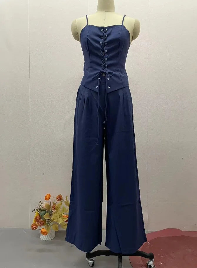 Summer Leisure High Street Outfit Office Lady Solid Color Slim Two Piece Set Chic Sleeveless Bandage Tank Tops&Pocket Pants Suit