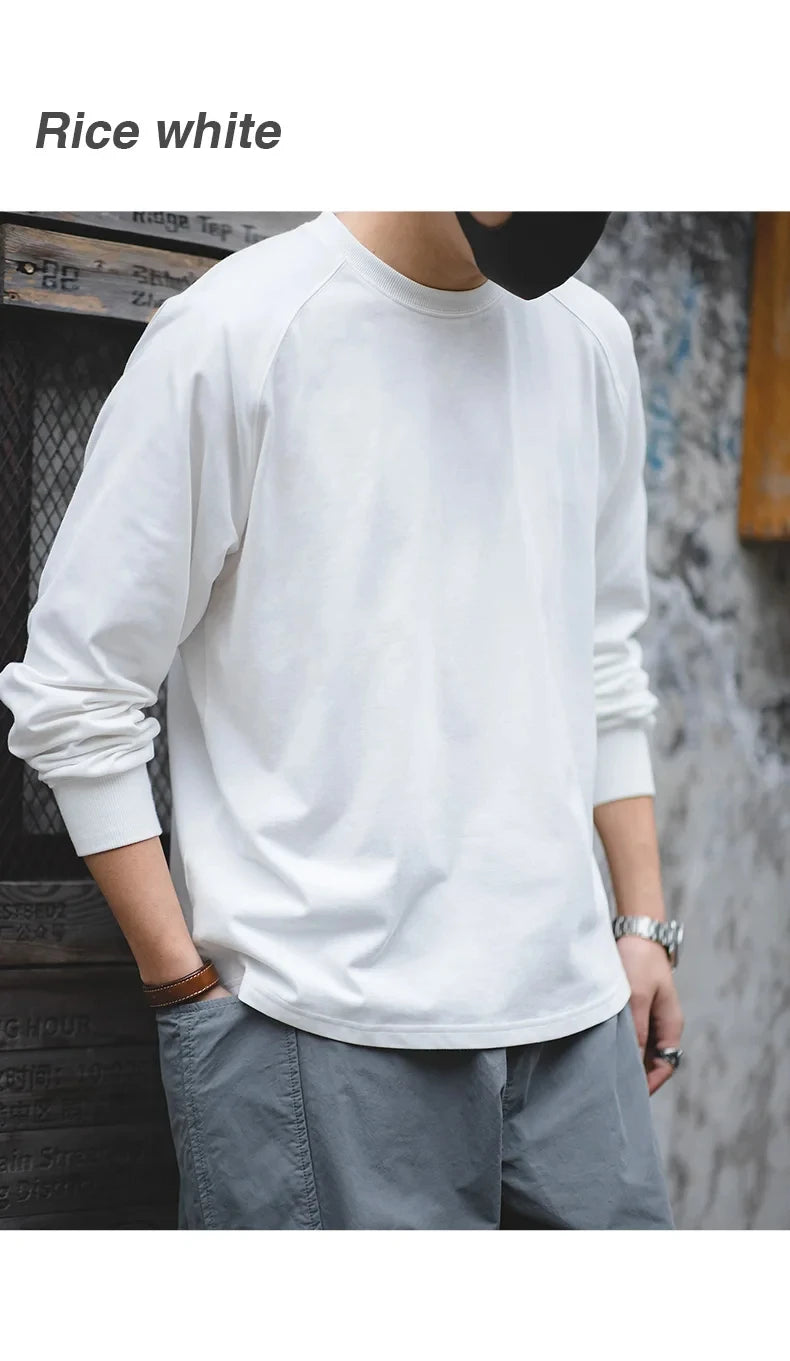 Maden 100% Cotton Loose Crew Neck Long Sleeve T-shirts Men's  230g Thin Breathable Tee Shirt Basic Solid Color Oversized Tops