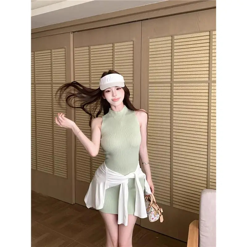 Mint Green Half High Collar Sleeveless Knitted Dress Women's Slim Fit Summer Waist Cinching Short Skirt Trendy Commute Style