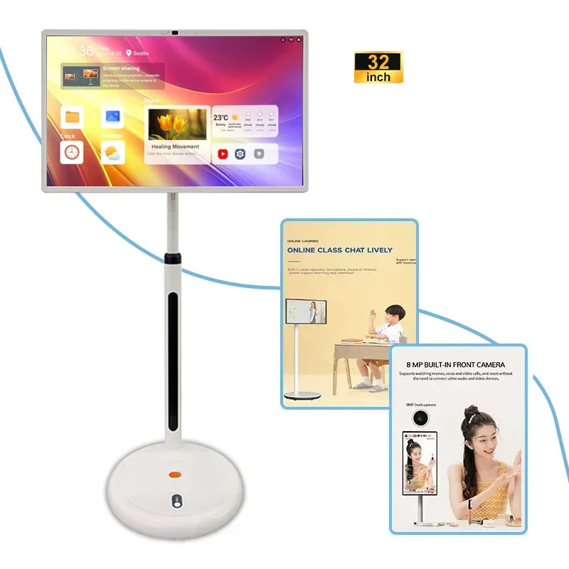 32 Inch Portable Smart TV Rotation Touch Screen Portable Android Camera  Display Tablet PC Stand Wheels Television Rechargeable