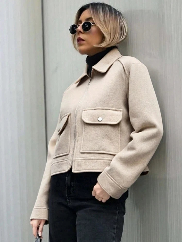 SLTNX Women's Zipper Jacket Coat New Winter Long Sleeve Pocket Outerwear Coat Short Street Elegant Women's Jacket