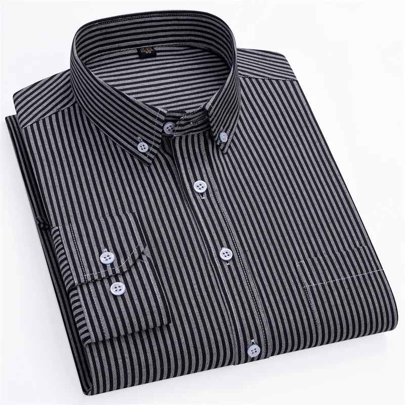 New Cotton Oxford Men's Shirts Long Sleeves Stripe Thin Soft Regular Fit Formal Dress Shirt Pocket Social Blouse Male Clothes