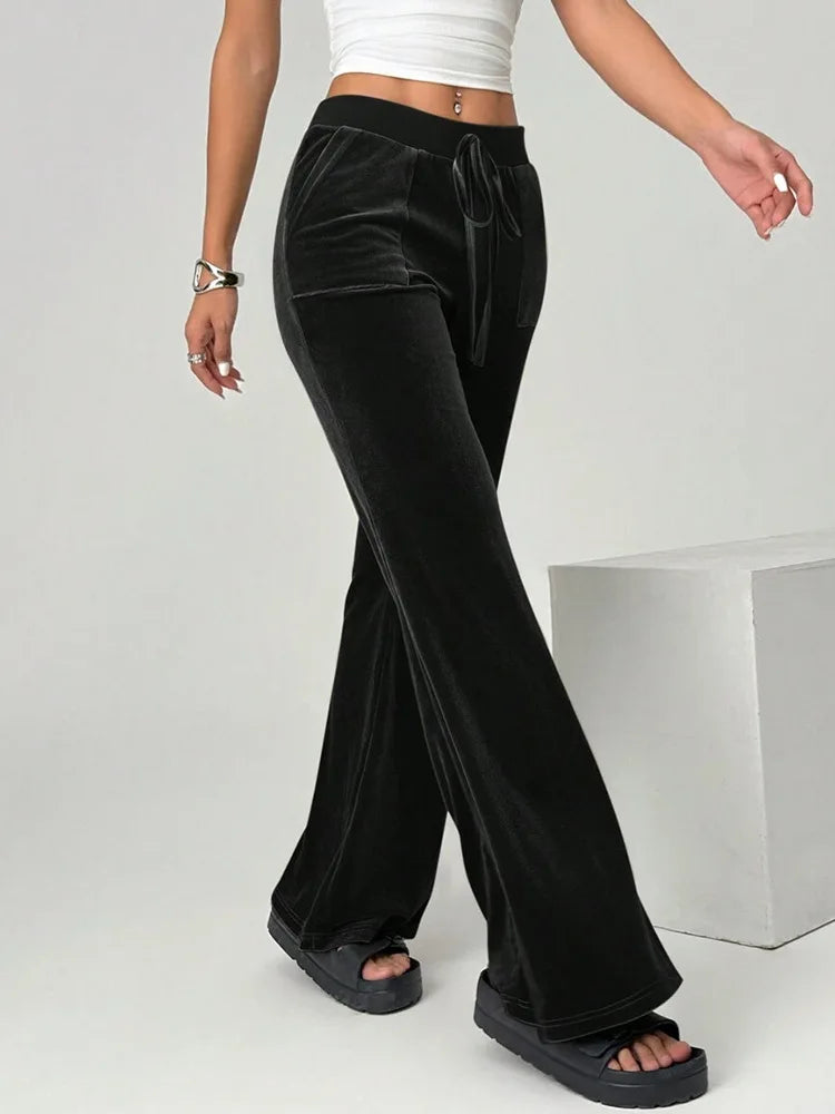2026 Women's Velvet Trousers Fashion Velvet Solid Color High-Waisted Drawstring Pocket Flared Pant Autumn Winter Casual Pants