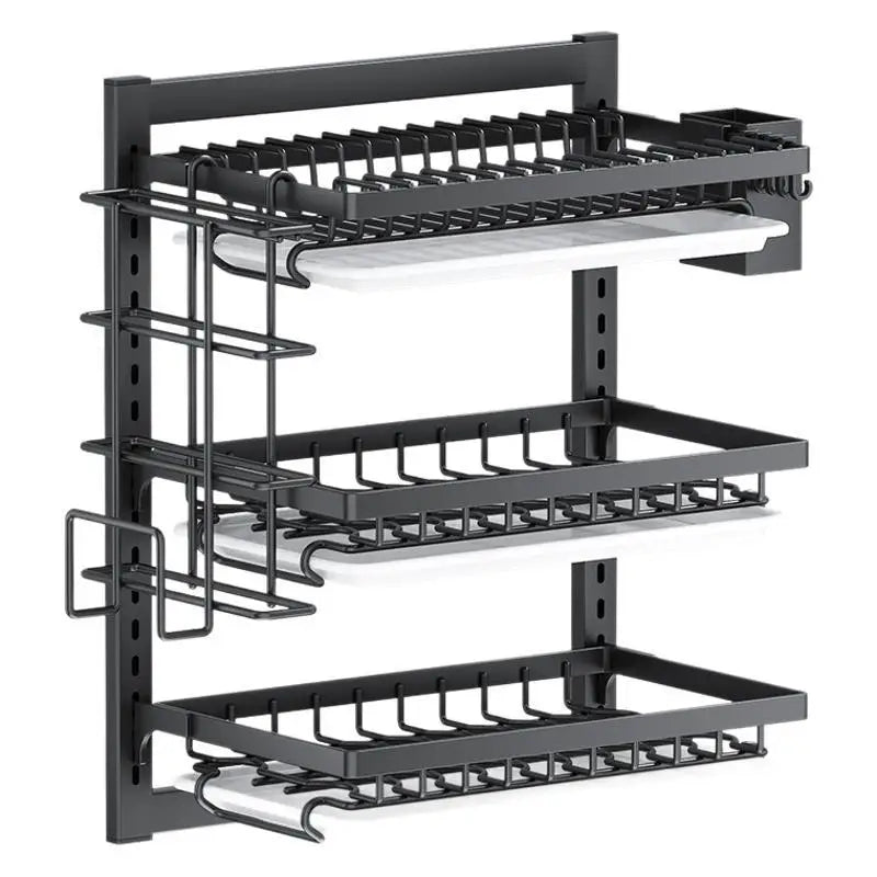 Wall Mounted Kitchen Organizer Rack - No-Drill Storage Shelf for Bowls, Plates, Spices with Dish Drying Function