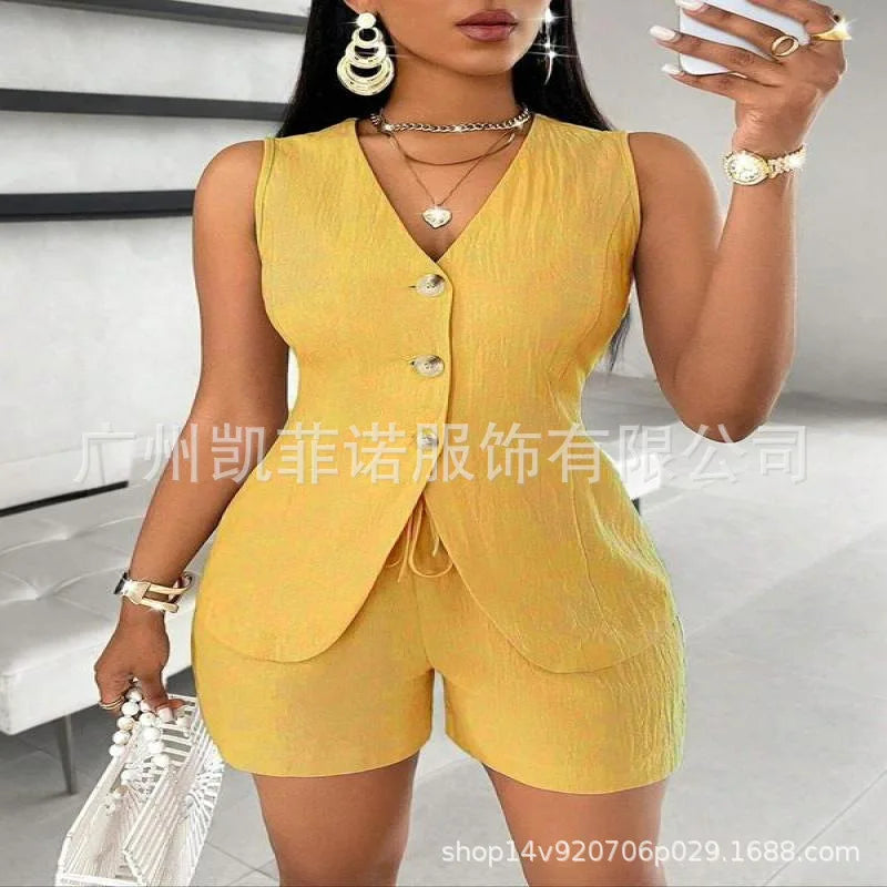 Women Fashion Casual Shorts Set Summer Vest Top Button Solid 2 Pieces Set Lace-up Pant Suits Womens Clothing Office Holiday 2025