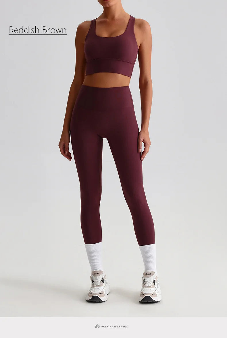 Naked Feel Yoga Set Women Fitness Sportswear 2 Piece Strappy Sports Bra High Waist Gym Leggings Workout Outfit Active Wear