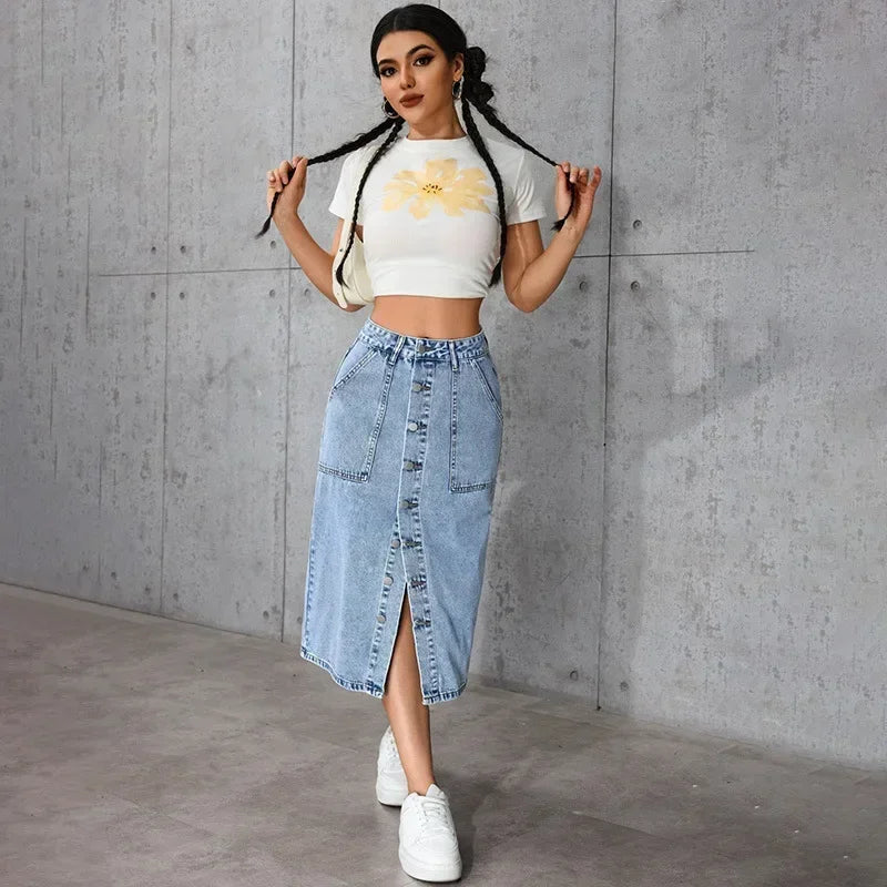 Women Waist Stretchy Denim Pencil Skirt, Midi Knee Length Slit Bodycon Flattering Casual Daily Streetwear Chic Ladies Midi Skirt