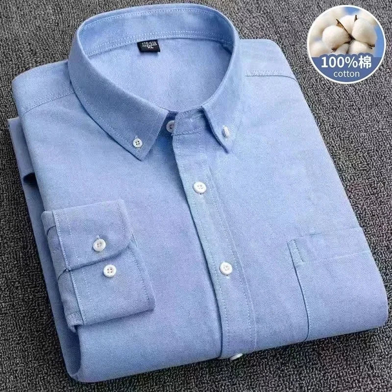 2026 Men's Oxford Long Sleeve Shirts 100% Cotton Solid Color Turn Down Collar Regular Fit Daily Men Clothing Button-down Shirts