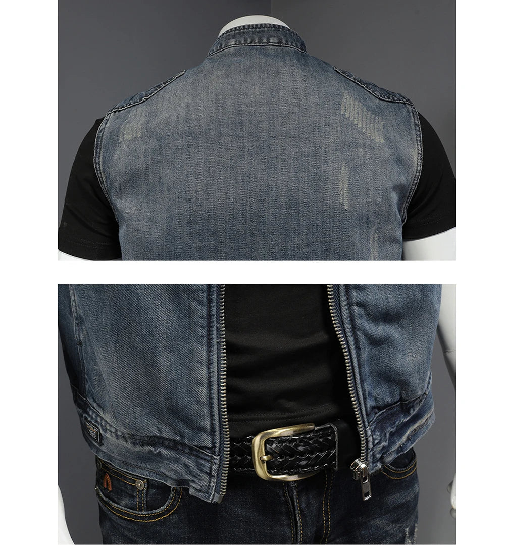 DIMUSI Mens Denim Vests Vintage Fashion Design Retor Sleeveless Jackets Men Streetwear Ripped Hole Punk Jean Waistcoats Clothing
