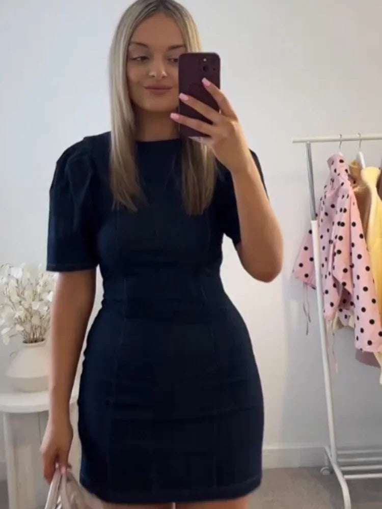 HH Summer Women Fashion O-Neck Bubble Sleeve Denim Dress Back Zipper Sexy Solid Dress Woman Holiday Party Mini 2026 Dress