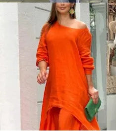2025 Loose New In Matching Sets Two Piece Outfit 2 Pieces Set For Woman Solid Color Irregular Hem Long Sleeves Wide Legs Trouser