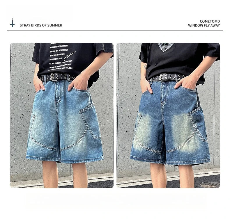 2026 Summer New Baggy Denim Shorts Fashion Casual Straight Harajuku Jeans Male Vintage Wash Drawstring Short Pants Streetwear