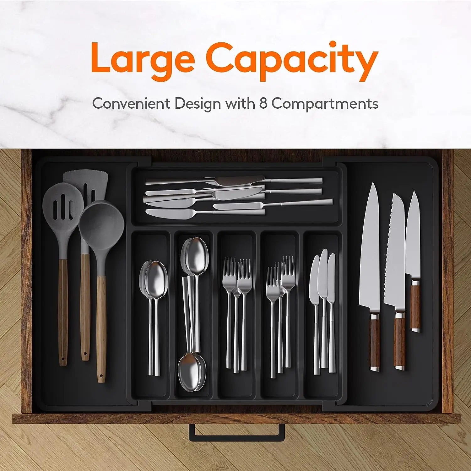 Large Extendable Cutlery Organizer Tray Adjustable Kitchenware Drawer Storage for Spoons Forks Knives