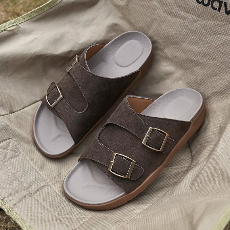 Suede Leather Mens Slippers Casual Sandals Breathable Slides Lightweight Summer Beach Flats Outdoor Walking Shoes Zapatos Hombre