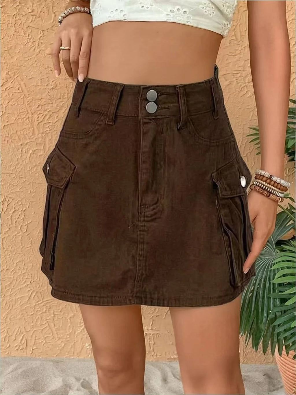Sexy Women High Waist Cargo Denim Mini Skirt Double Button Multi Pocket A Line Short Skirt Y2K Streetwear Casual Jean Dress