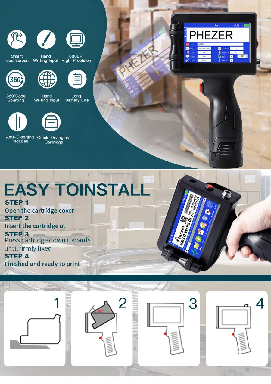 Phezer P15 12.7/25.4mm Handheld Inkjet Printer 28 Languages QR Code Barcode Batch Code Date Marking Expiration Date Coder