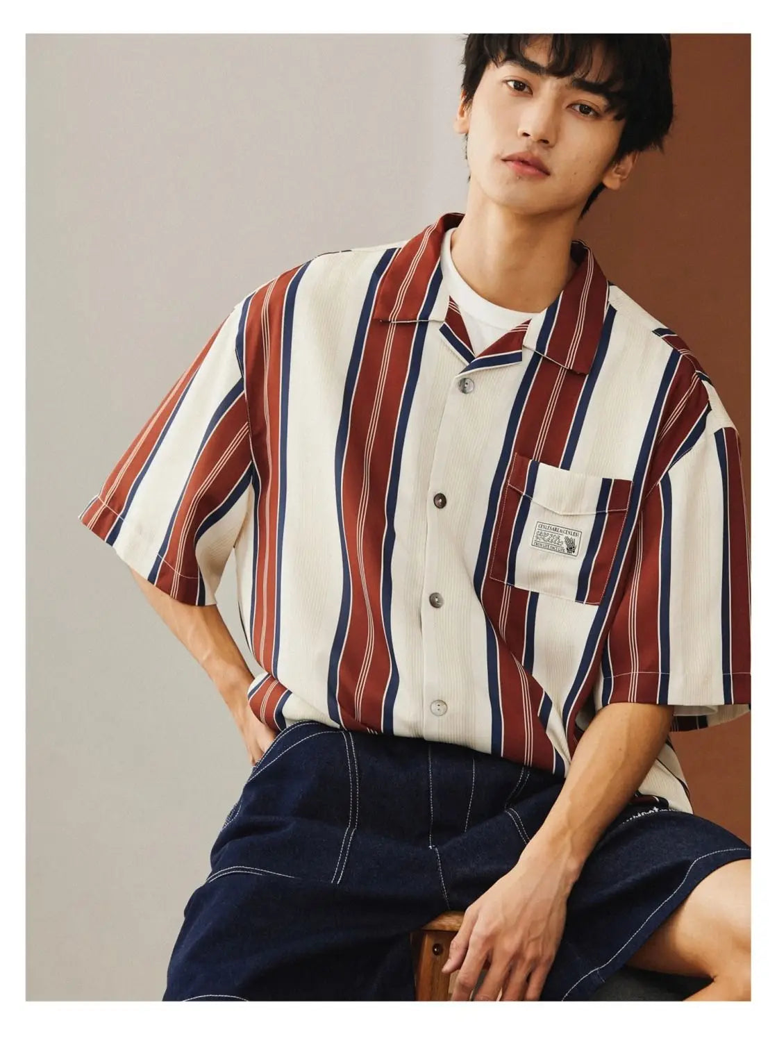 Summer New Turn-down Collar Fashion Short Sleeve Shirt Man High Street Casual Button Cardigan Striped Pockets Patchwork Tops