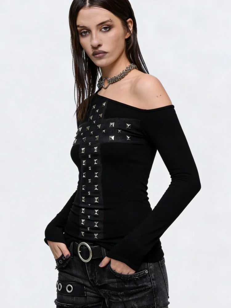 2026 New Women's Black White Gothic Off Shoulder Top Cross Detail Long Sleeve Punk Fashion T Shirt Streetwear