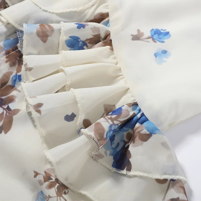 Sexy Print Women Long Dress Urban V-neck Single Breasted Ruffles Half Sleeve Female Dresses 2026 Spring Autumn Lady Robe