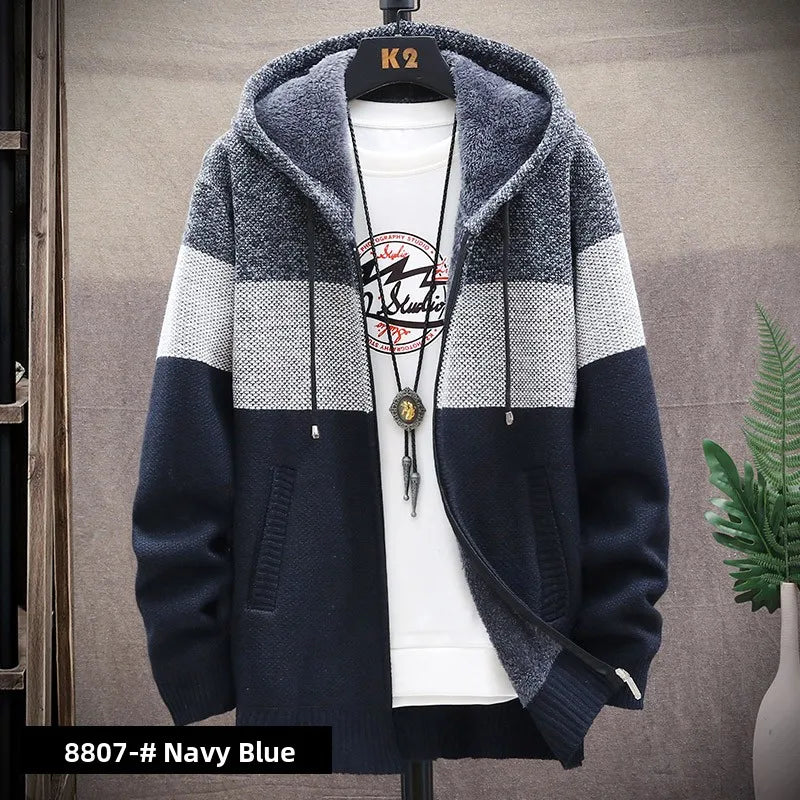 Men's Knitted Sweater Cardigan Thickened Fleece Hooded Casual Style Warm Outerwear Autumn Winter New Arrival Korean Version