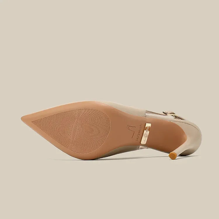 2026 New Slim Heel Flat Buckle Toe Back Empty Sandals with Pointed Soft Leather Toe Strap for Women's Commuting Single Shoes