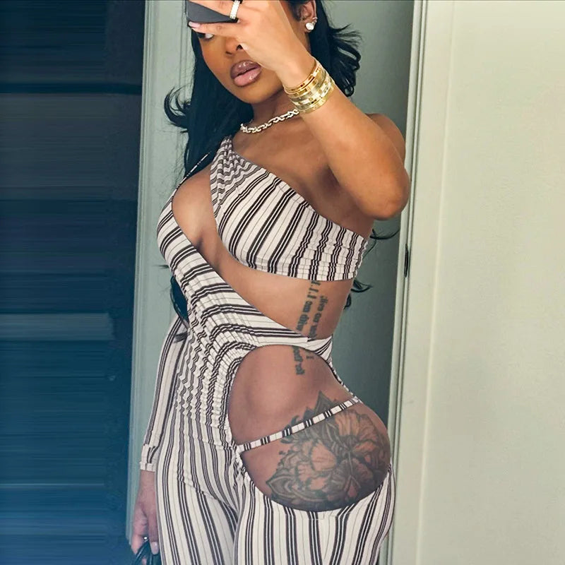 Fashion Women's Sexy Hollow Jumpsuit 2025 Spring Ruched Irregular Hipster Club Stripes Print Full Sleeve Midnight Party Overalls
