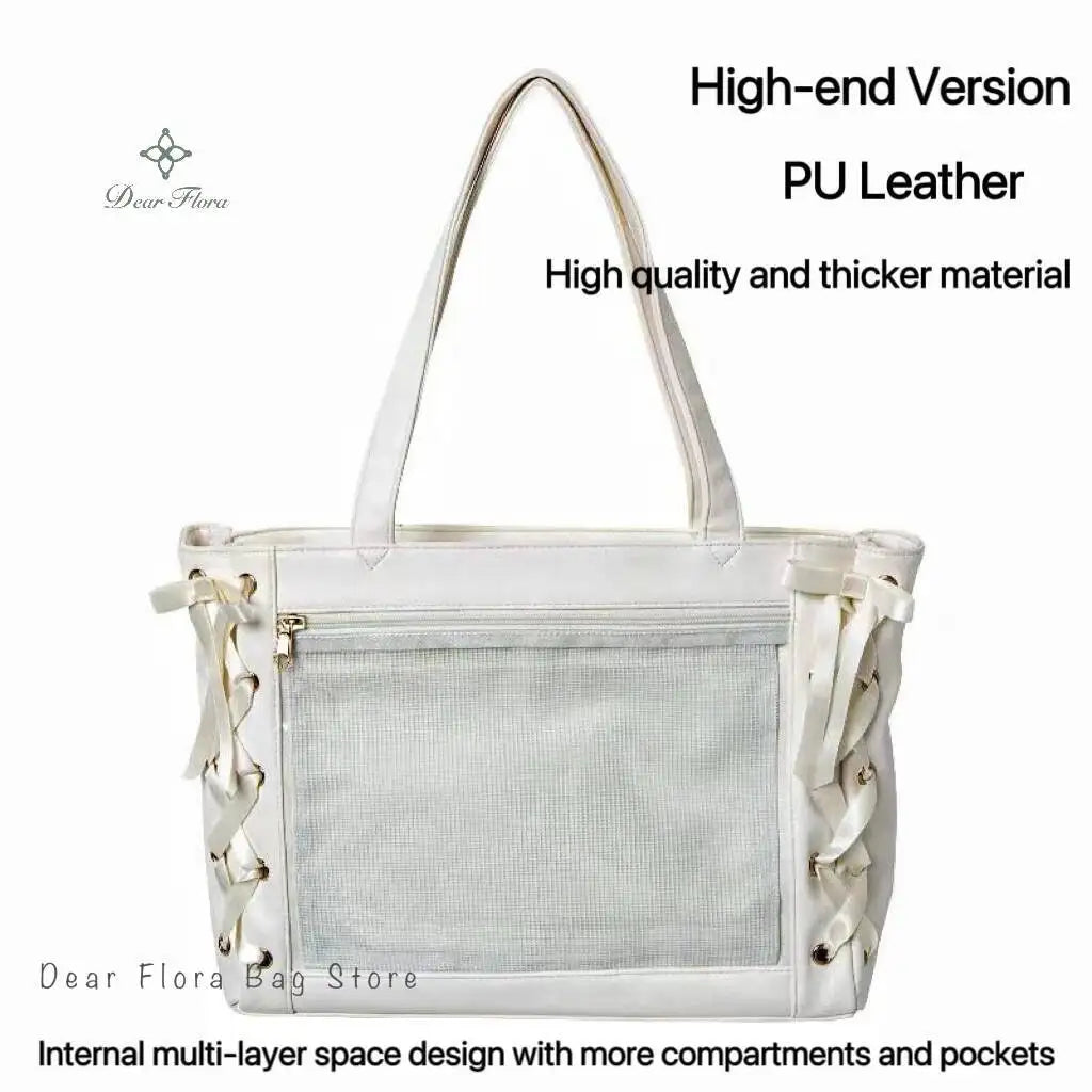 Japanese Sweet Women Ribbon Ita Bag Fashion Large Capacity Tote Bag Aesthetic Shoulder Bag Cute Lolita Girl Transparent Handbags