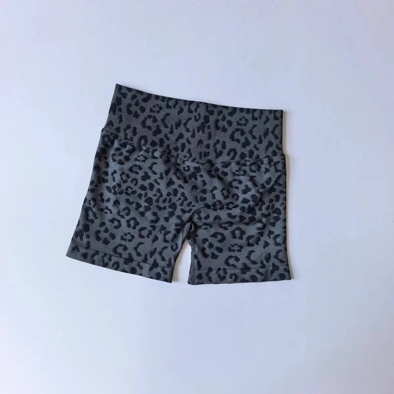 Sexy Leopard Print Seamless Yoga Shorts High Waist Peach Butt Lift Tummy Control 4-Way Stretch Breathable Workout Cycling Pants