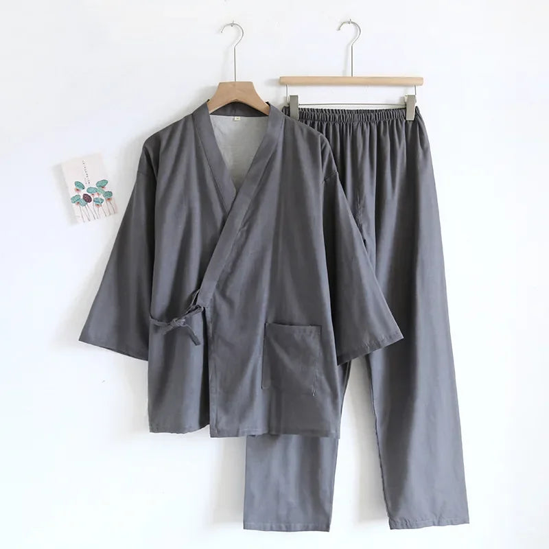 Kimono Robes Pajamas Set for Spring Autumn and Summer Thin Men's Cotton Loose Fit Large Size Half Sleeve Sleepwear Set