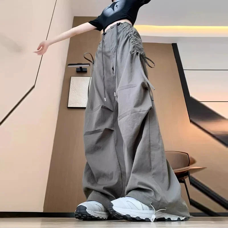 2026 Spring Summer New Women Pants Drawstring High Waisted Female Wide Leg Trousers Casual Vintage Korean Ladies Slim Work Pants