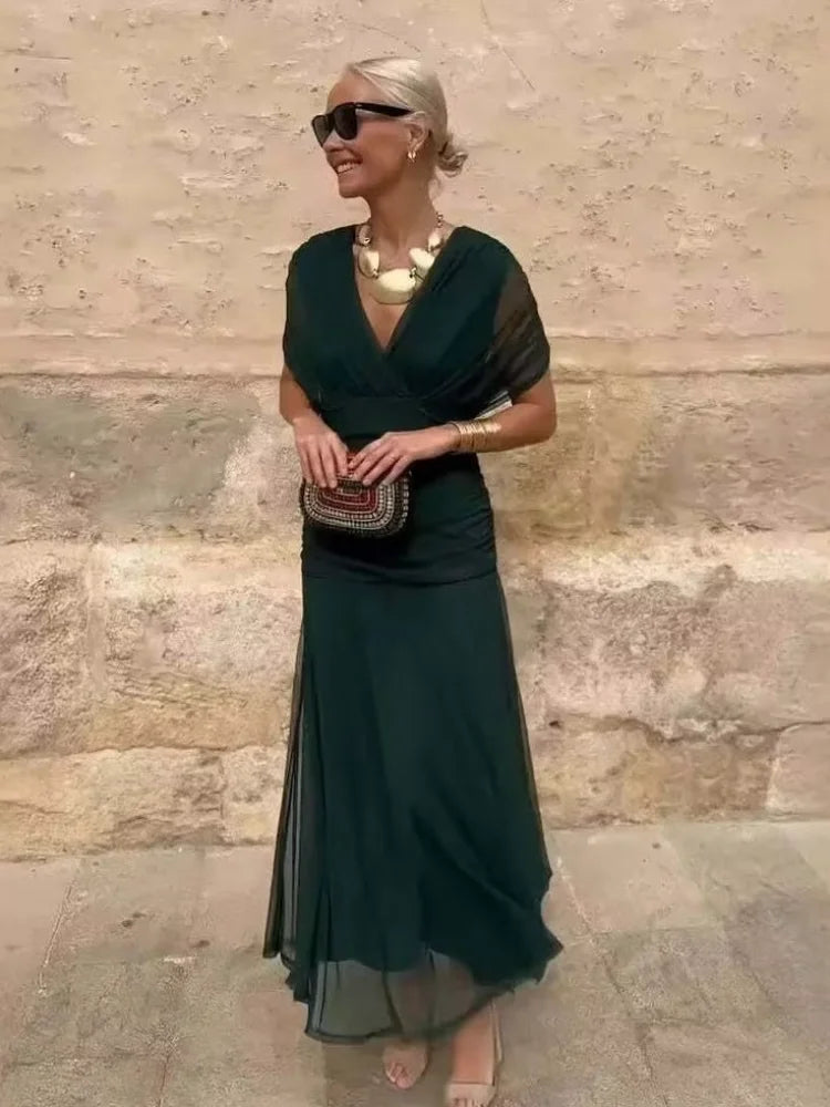 Women Solid Deep V-neck Mesh Long Dress Elegant Puff Short Sleeve Ruched Waist High Vestidos 2026 Summer Lady Casual Street Robe