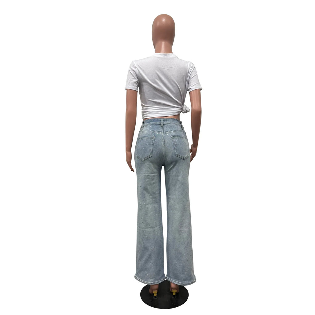Women's Outfit Featuring Diamond-studded Washed Denim Pants Women's High-waisted Straight-leg Pants, and "hot Girl" Style Pants.