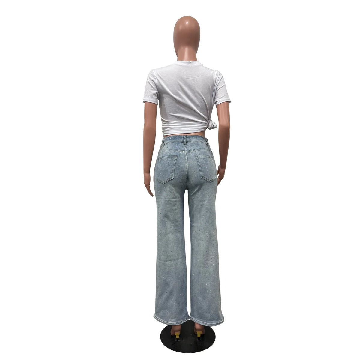 Women's Outfit Featuring Diamond-studded Washed Denim Pants Women's High-waisted Straight-leg Pants, and "hot Girl" Style Pants.