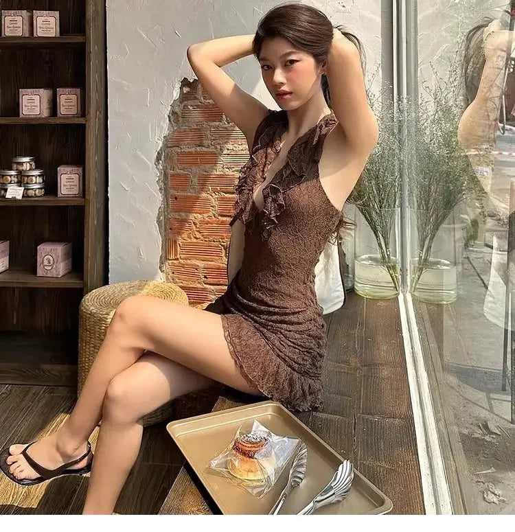 Sexy retro vacation ruffle edge deep V halter neck dress female slim slim slim skirt