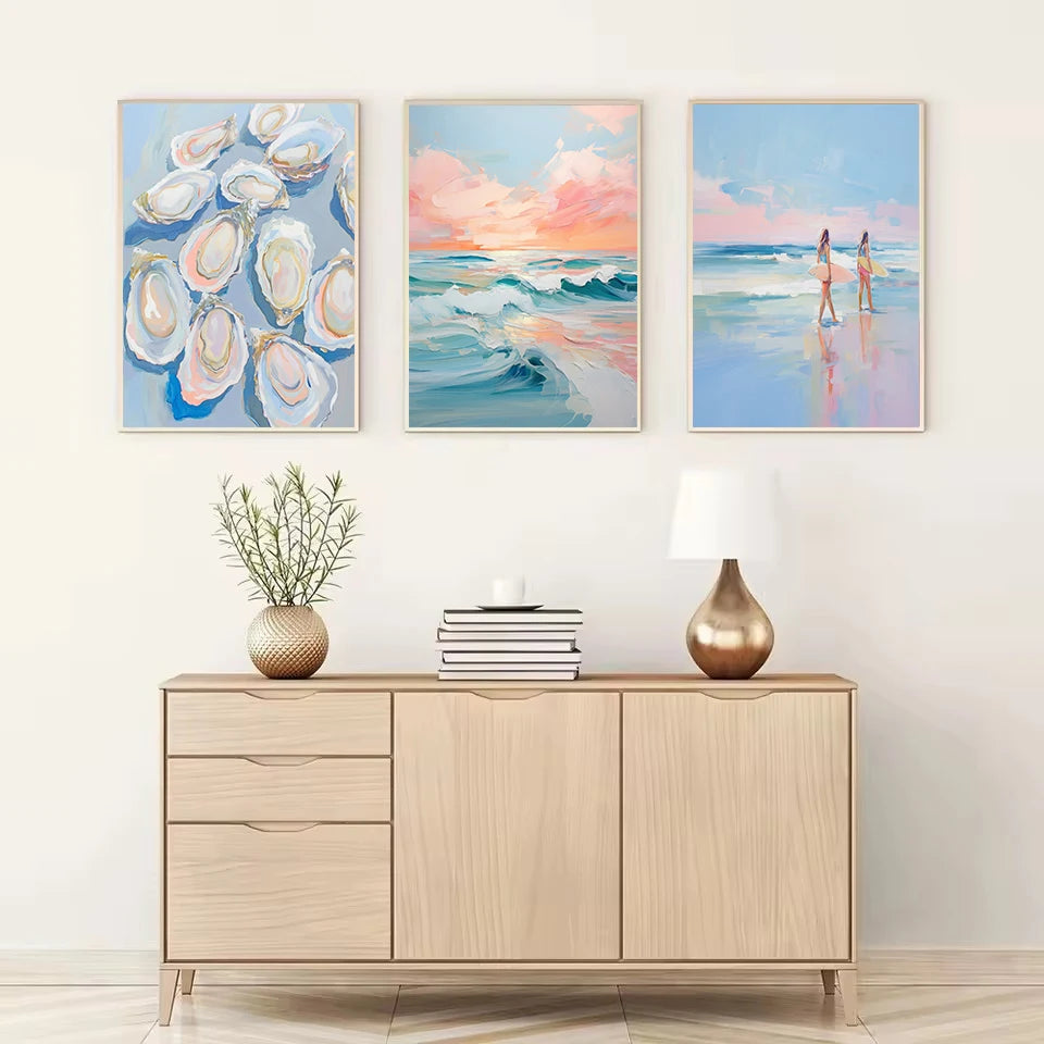 Abstract Coastal Cowgirl Beach Boat Oyster Shell Lighthouse Colorful Summer Poster Canvas Painting Wall Art Pictures Home Decor