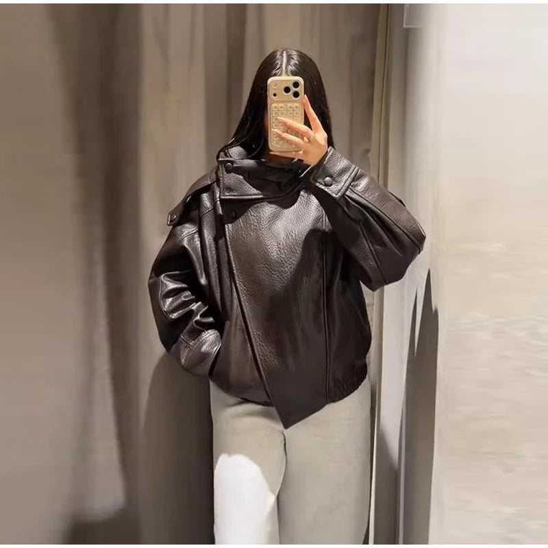 High Street Leather Jackets Women's Casual Double-breasted Turn Down Collar Loose Coats Elastic Waist 2026 Autumn New Outwear