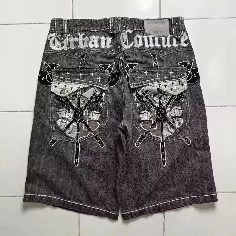 Y2K American New Camouflage Washed Old Baggy Denim Shorts Women Gothic Punk Hip Hop Popular Joker Wide Leg Shorts