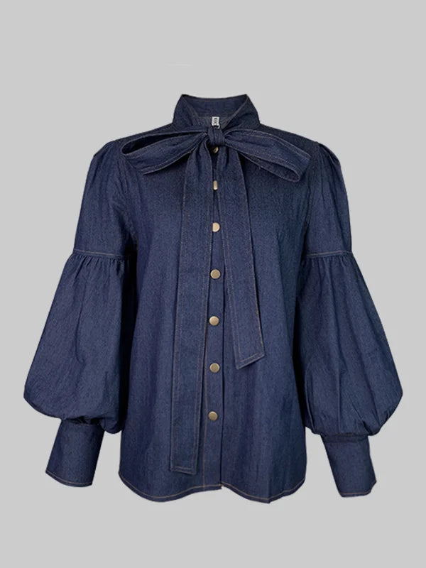 Gymystars New Trendy Imitation Denim Blouse Tops for Women Long Puff Sleeves Bow-Embellished High Neck Women's Autumn Shirts