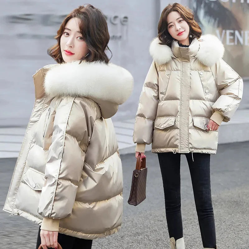 2026 Winter Fashion New Warm Duck Down Jacket Women's Clothes Glossy Fur collar Thicken Parka Short Down Coat Female Trend