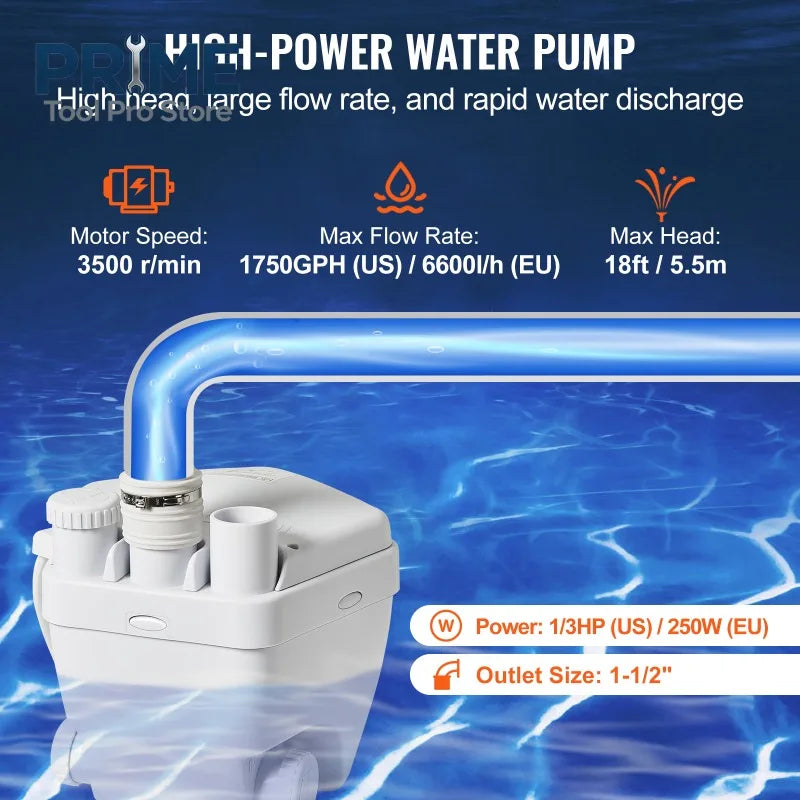 Utility Sink Pump 1/3 120V 1750 GPH Flow 18 ft Head Under-Sink Sump Pump System Utility/Laundry Sink Pump