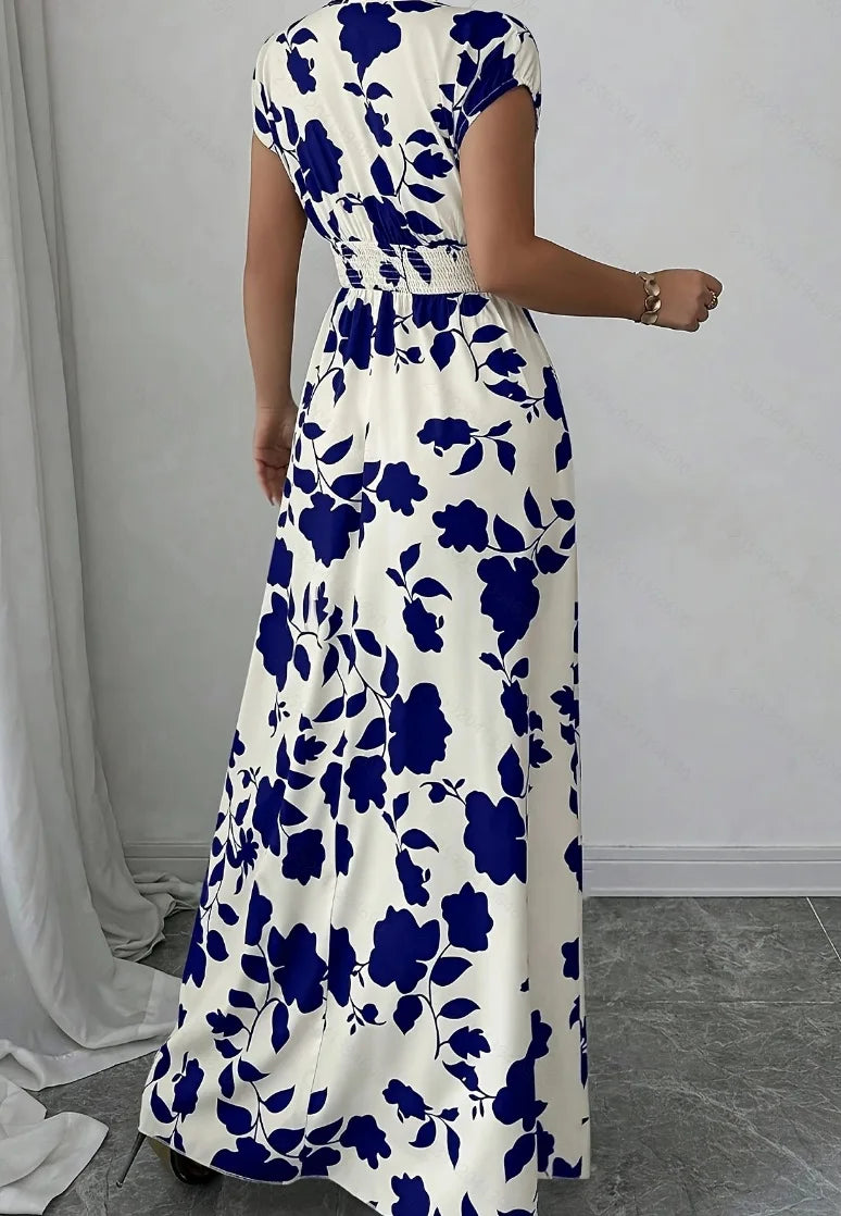 2026 Women's New Fashion Casual Daily Comfortable Elegant Lace-up Floral Print V-neck Short Sleeve Waist Women's Long Dress