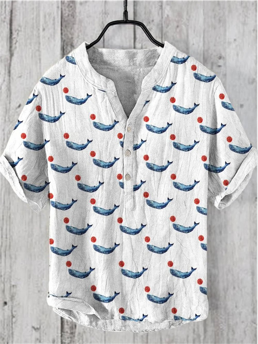 2024 New Men's Shirt Japanese Vintage Art Print Linen Short Sleeved Shirt Hawaiian Style Button Henry Neck Shirt