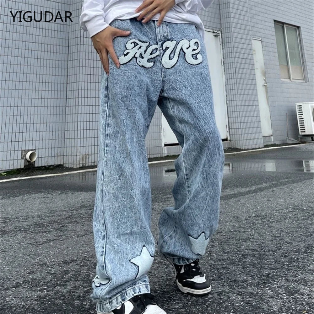 Trousers Cross Men's Straight Jeans Neutral Denim Stitch Loose Wide Leg Men Jeans Quality Casual Baggy Trousers Street Hip Hop