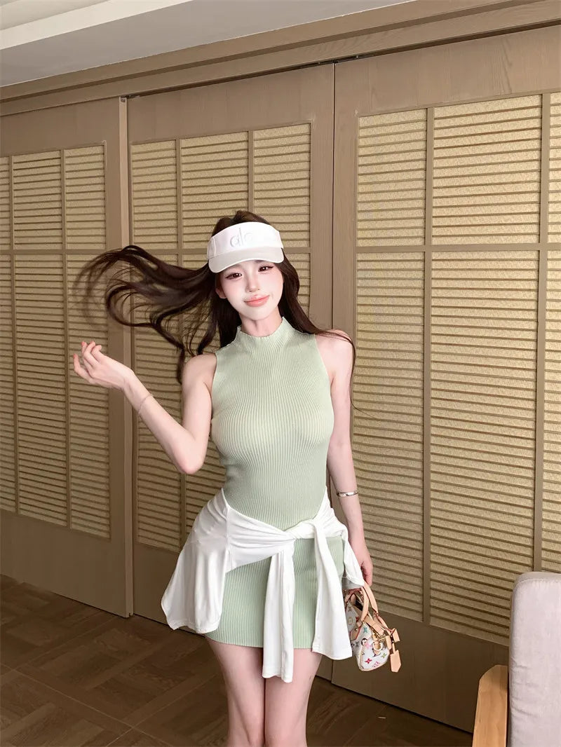 Mint Green Half High Collar Sleeveless Knitted Dress Women's Slim Fit Summer Waist Cinching Short Skirt Trendy Commute Style