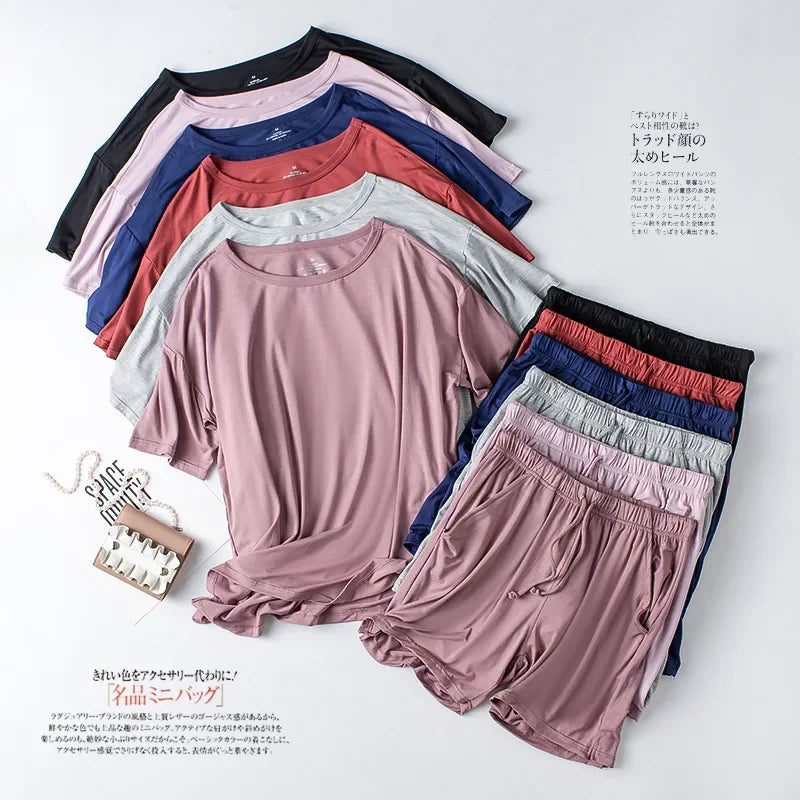 2026 Summer New Pajama Set Women's Modal Short Sleeve Shorts Two Piece Set Ladies Solid Loose Large T-shirt Homewear Women Shirt