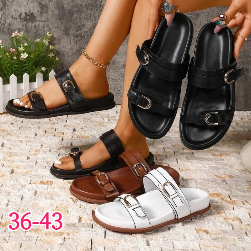 Women Double Buckle Slide Sandals Four-Season Metal Buckles Soft Comfortable Walking Shoes Outdoor Flats Ladies Slippers Sandals