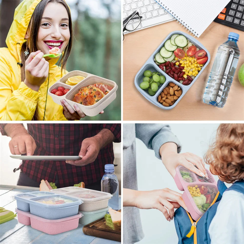 1/4pack Bento Lunch Box Set 3 Compartment Food Storage Containers Wheat Straw Meal Prep Lunch Box Plastic Food Storage Container