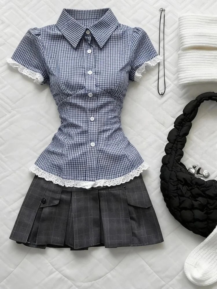Women Retro Sweet Two‑Piece Outfit Plaid Short Sleeve Top High Waist Pleated Skirt Y2K Harajuku Style Hot Girl Summer Daily Suit