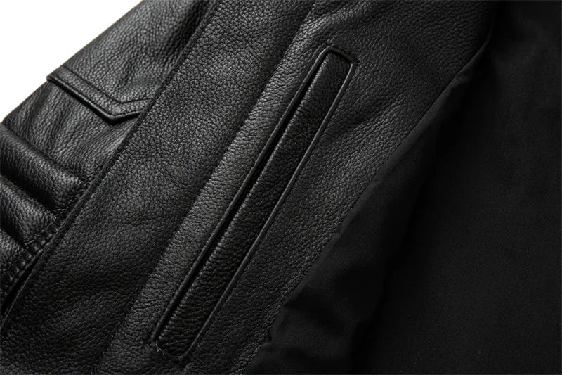 2023 New Motorcycle Causal Vintage Leather Coat Men Autumn Outfit Fashion Biker Pocket Design Top Layer Cow Leather Jacket